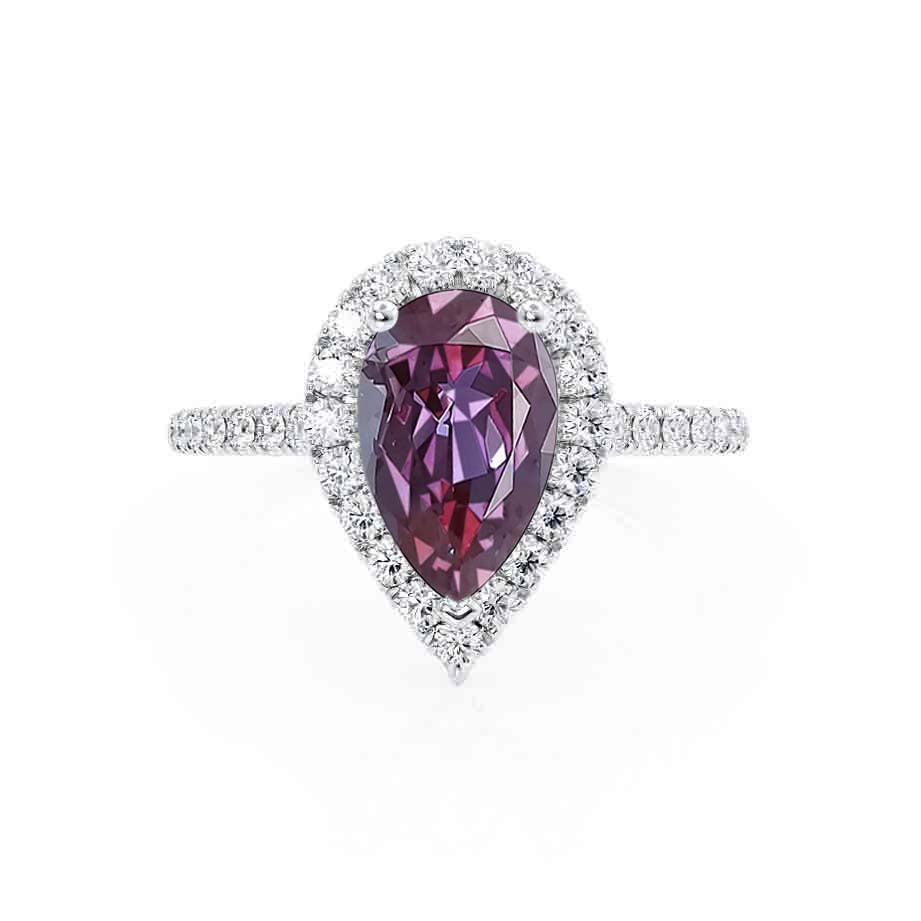 PRIMROSE – Pear-Cut Lab-Grown Alexandrite & Diamond Halo Ring in 18k White Gold