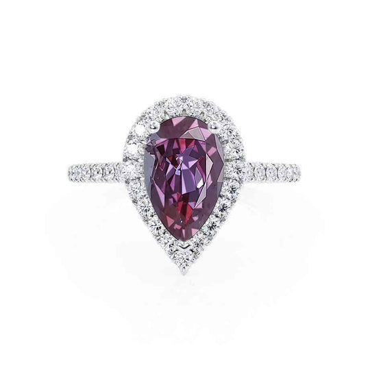 PRIMROSE – Pear-Cut Lab-Grown Alexandrite & Diamond Halo Ring in 18k White Gold