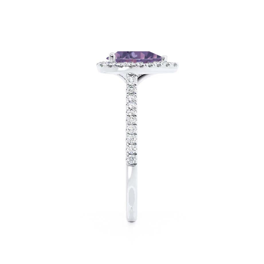 PRIMROSE – Pear-Cut Lab-Grown Alexandrite & Diamond Halo Ring in 18k White Gold