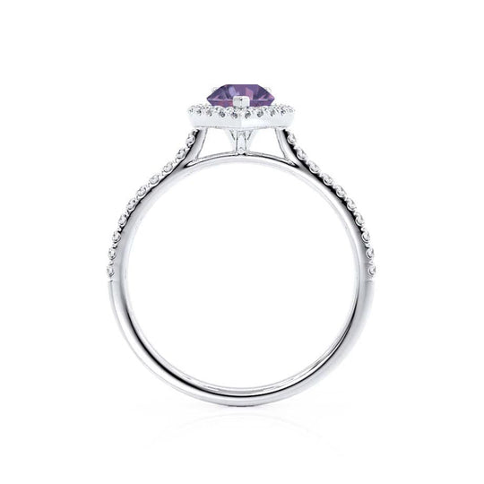 PRIMROSE – Pear-Cut Lab-Grown Alexandrite & Diamond Halo Ring in 18k White Gold