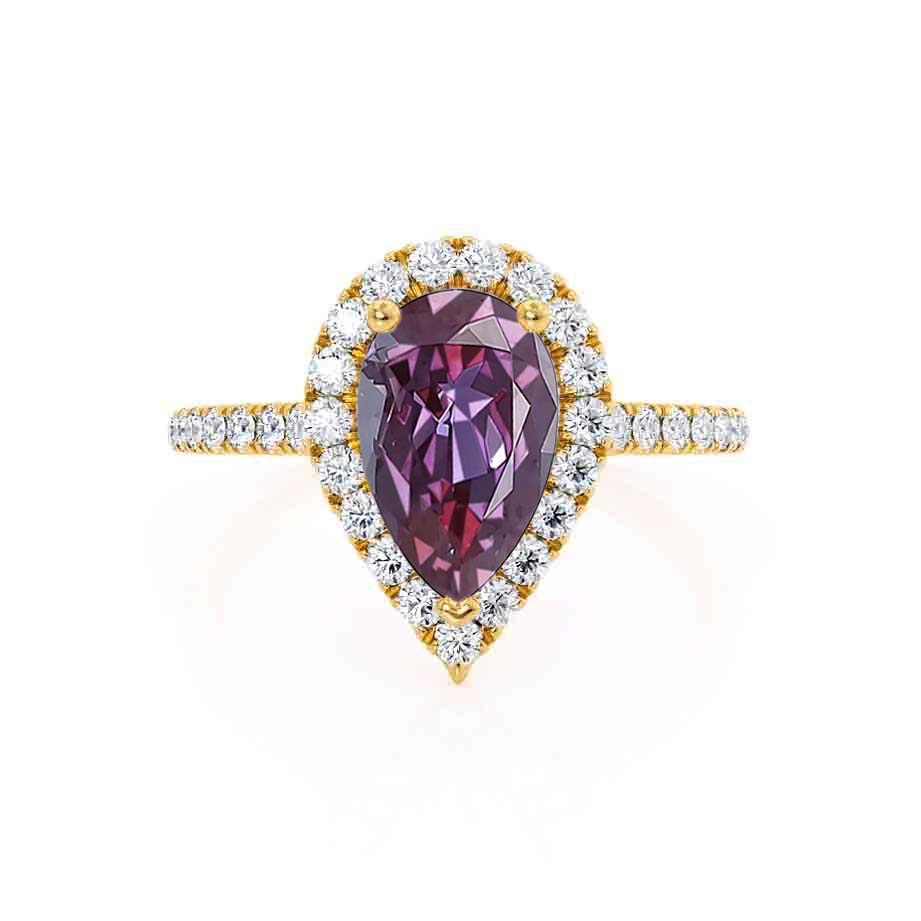 PRIMROSE – Pear-Cut Lab-Grown Alexandrite & Diamond Halo Ring in 18k Yellow Gold