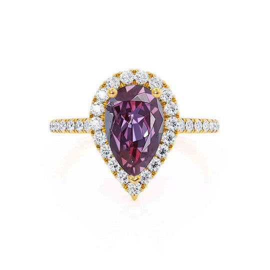 PRIMROSE – Pear-Cut Lab-Grown Alexandrite & Diamond Halo Ring in 18k Yellow Gold