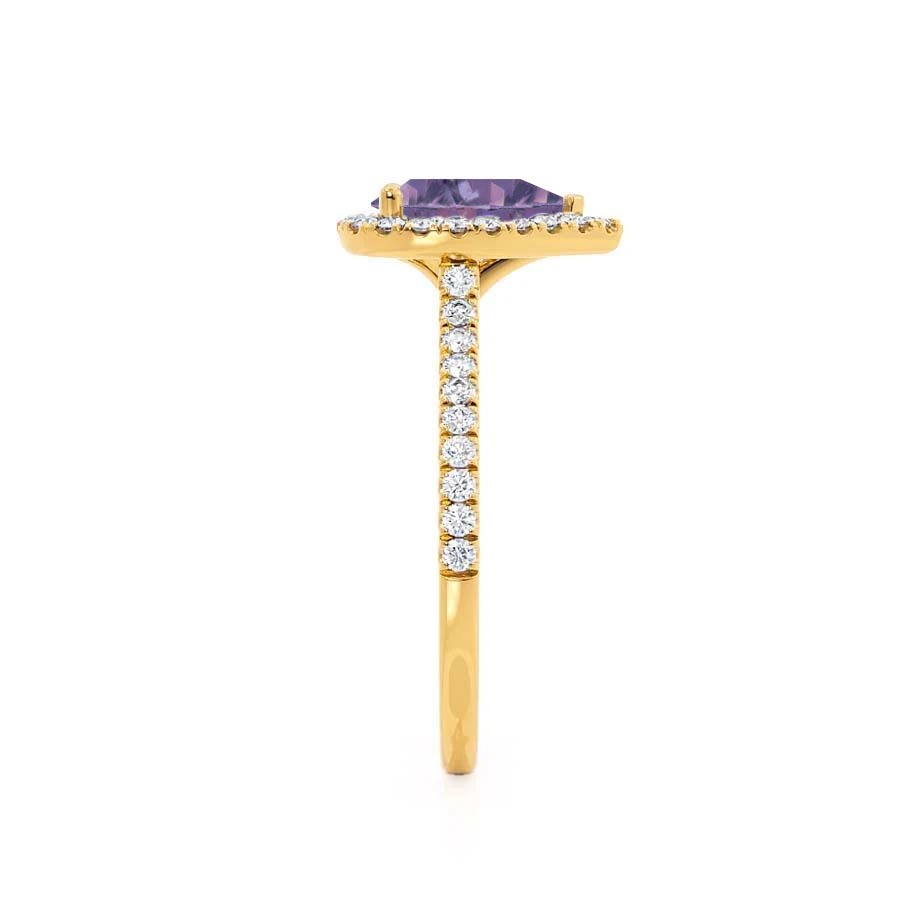 PRIMROSE – Pear-Cut Lab-Grown Alexandrite & Diamond Halo Ring in 18k Yellow Gold