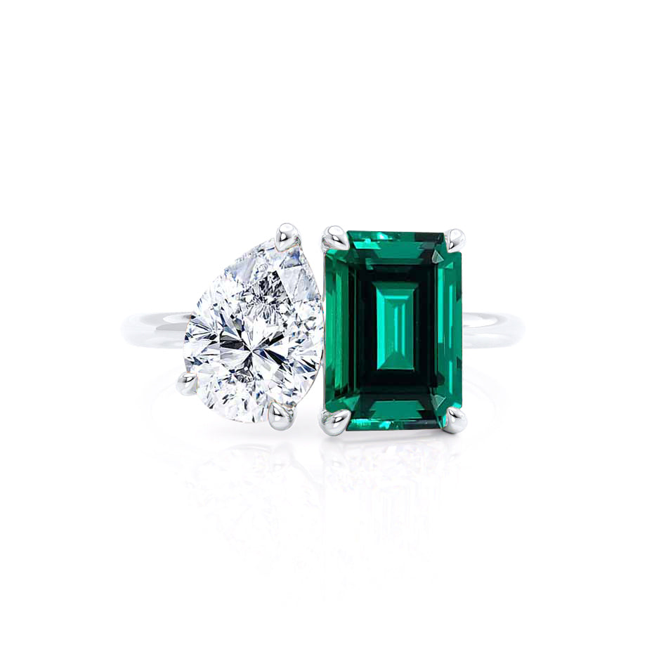 TWINFLOWER - Toi Et Moi Green Lab-Grown Emerald & Pear-Cut Lab Diamond Ring 950 Platinum