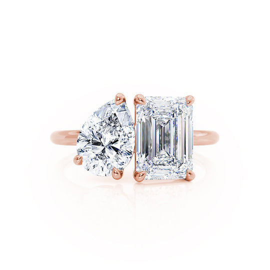 TWINFLOWER - Toi Et Moi Lab Diamond Emerald & Pear Cut Ring 18k Rose Gold