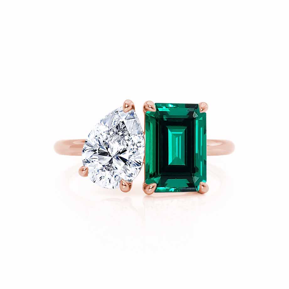 TWINFLOWER - Toi Et Moi Green Lab-Grown Emerald & Pear-Cut Lab Diamond Ring 18k Rose Gold