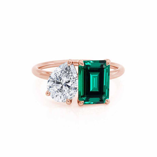 TWINFLOWER - Toi Et Moi Green Lab-Grown Emerald & Pear-Cut Lab Diamond Ring 18k Rose Gold