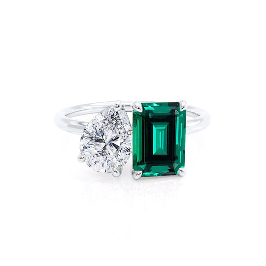 TWINFLOWER - Toi Et Moi Green Lab-Grown Emerald & Pear-Cut Lab Diamond Ring 18k White Gold