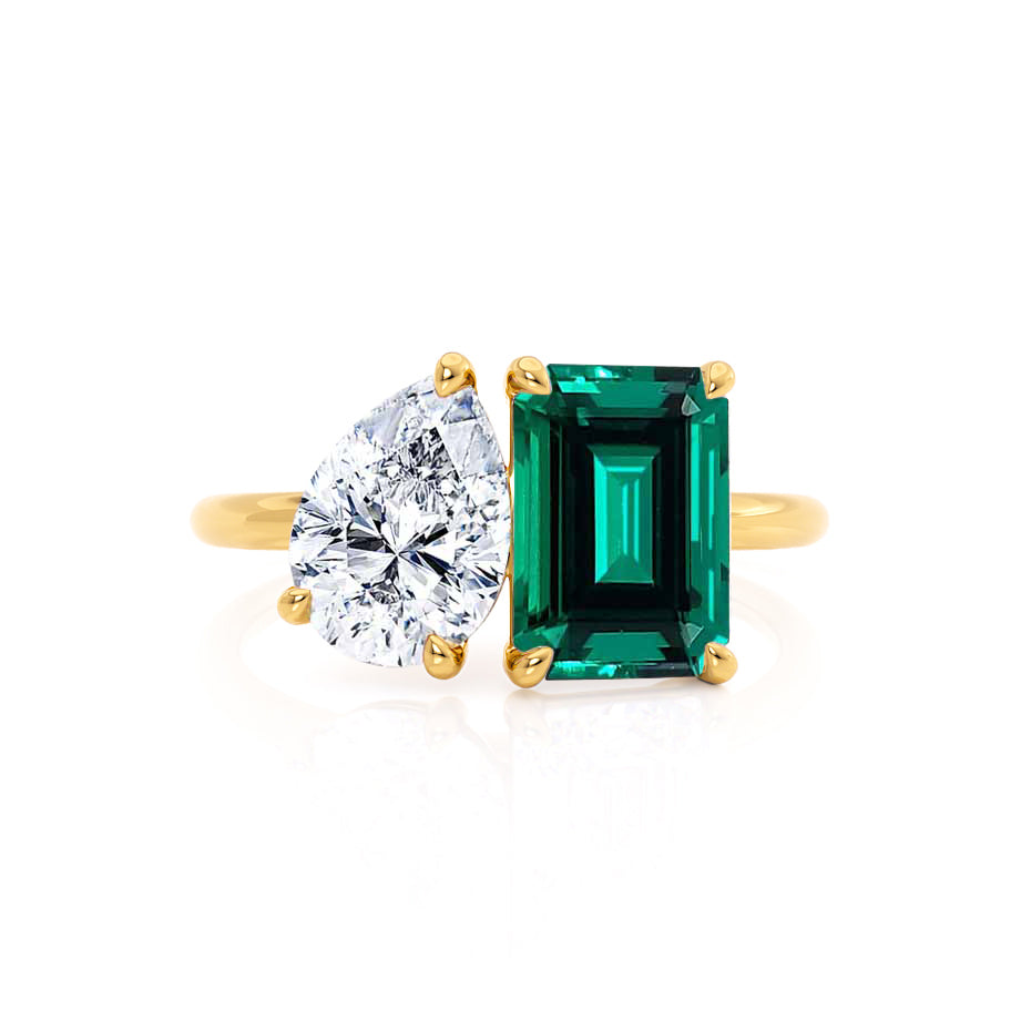 TWINFLOWER - Toi Et Moi Green Lab-Grown Emerald & Pear-Cut Lab Diamond Ring 18k Yellow Gold