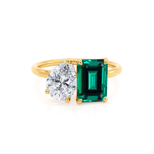 TWINFLOWER - Toi Et Moi Green Lab-Grown Emerald & Pear-Cut Lab Diamond Ring 18k Yellow Gold