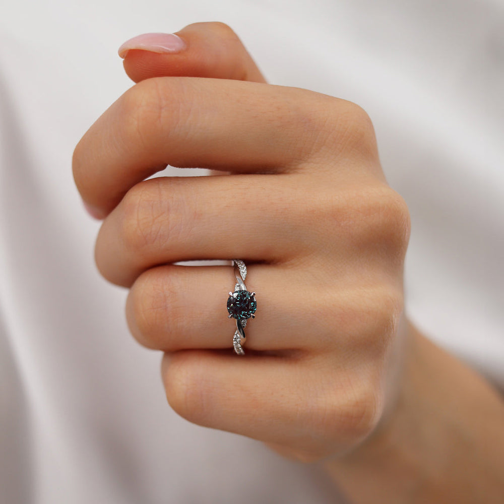 WISTERIA – Round Lab-Grown Alexandrite & Diamond Vine Ring in 18k White Gold