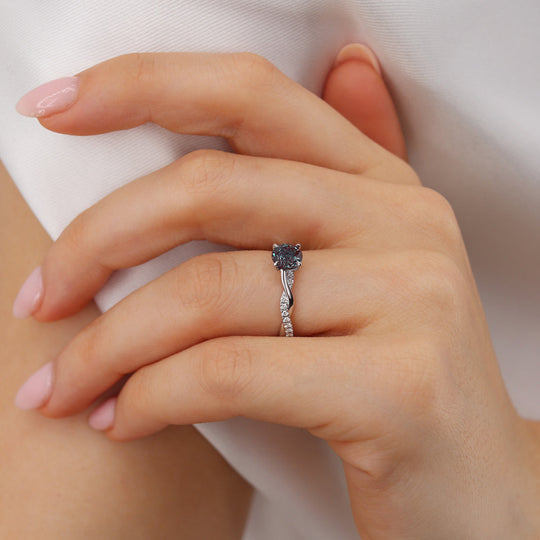 WISTERIA – Round Lab-Grown Alexandrite & Diamond Vine Ring in 18k White Gold
